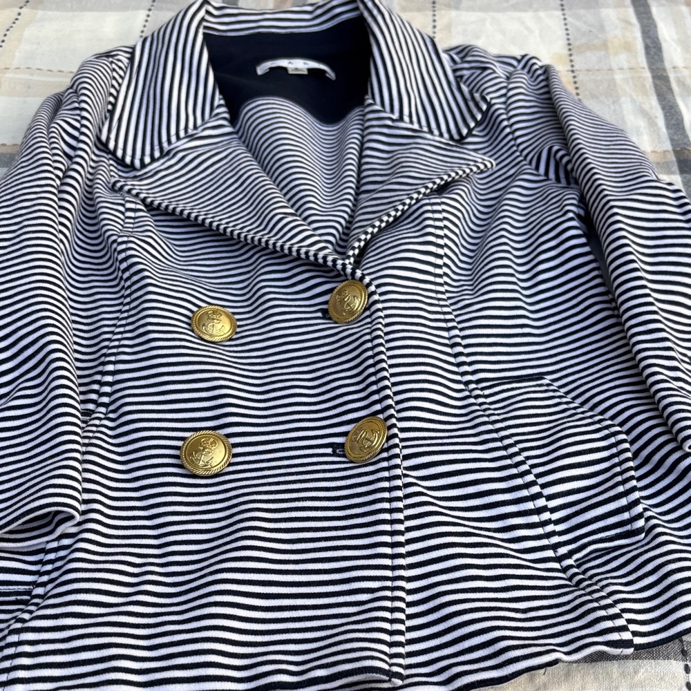 CAbi Navy and White Striped Blazer with Gold Buttons
